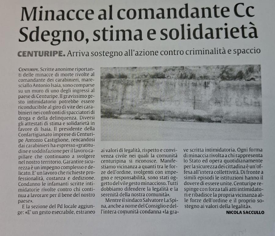 Centuripe. Minacce al comandante CC 